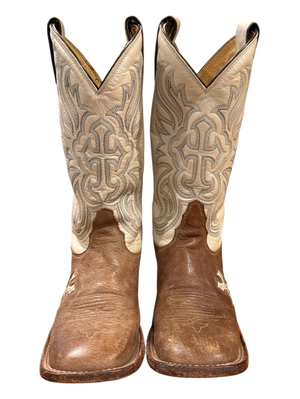 Tony Lama Brown and Cream Embroidered Western Cowboy Boots